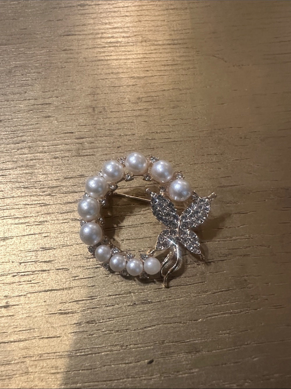Pearl and Crystal Butterfly Circle Brooch